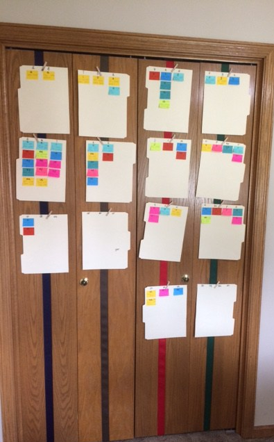 image of my finished phoneme wall of folders on closet doors