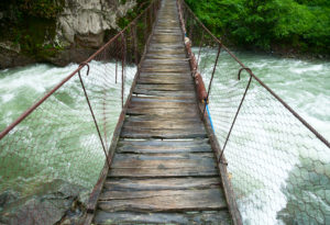 image of rickety bridge over raging waters that is the opposite of confidently teaching spelling