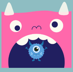 Image of a pink monster with a tiny blue monster in its mouth