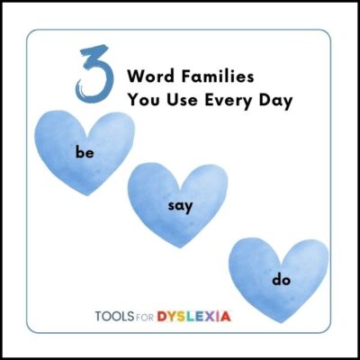 Image with blue hearts and black text saying word families be say do